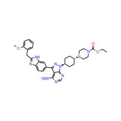 CCOC(=O)N1CCN([C@H]2CC[C@H](n3nc(-c4ccc5nc(Cc6ccccc6OC)[nH]c5c4)c4c(N)ncnc43)CC2)CC1 ZINC000253863799