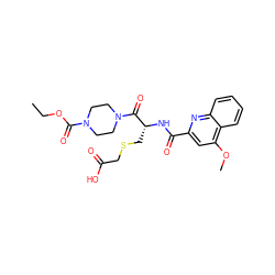 CCOC(=O)N1CCN(C(=O)[C@@H](CSCC(=O)O)NC(=O)c2cc(OC)c3ccccc3n2)CC1 ZINC000140389593