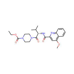 CCOC(=O)N1CCN(C(=O)[C@@H](NC(=O)c2cc(OC)c3ccccc3n2)C(C)C)CC1 ZINC000143342223