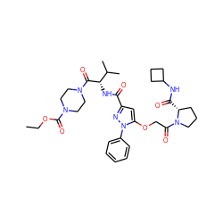 CCOC(=O)N1CCN(C(=O)[C@@H](NC(=O)c2cc(OCC(=O)N3CCC[C@H]3C(=O)NC3CCC3)n(-c3ccccc3)n2)C(C)C)CC1 ZINC000095555269