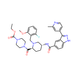 CCOC(=O)N1CCN(C(=O)[C@@H]2CC[C@@H](NC(=O)c3ccc4[nH]nc(-c5ccnc(C)c5)c4c3)CN2Cc2c(F)cccc2OC)CC1 ZINC000205042473