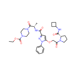 CCOC(=O)N1CCN(C(=O)[C@H](C)NC(=O)c2cc(OCC(=O)N3CCC[C@H]3C(=O)NC3CCC3)n(-c3ccccc3)n2)CC1 ZINC000095554556