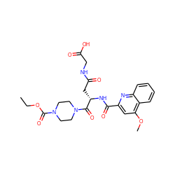 CCOC(=O)N1CCN(C(=O)[C@H](CC(=O)NCC(=O)O)NC(=O)c2cc(OC)c3ccccc3n2)CC1 ZINC000142746722