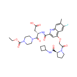 CCOC(=O)N1CCN(C(=O)[C@H](CC(=O)O)NC(=O)c2cc(OCC(=O)N3CCC[C@H]3C(=O)NC3CCC3)c3cc(F)c(C)cc3n2)CC1 ZINC000169701293