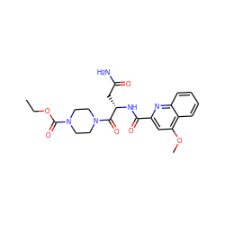 CCOC(=O)N1CCN(C(=O)[C@H](CC(N)=O)NC(=O)c2cc(OC)c3ccccc3n2)CC1 ZINC000143119181