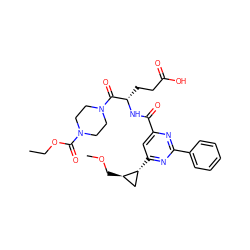 CCOC(=O)N1CCN(C(=O)[C@H](CCC(=O)O)NC(=O)c2cc([C@@H]3C[C@H]3COC)nc(-c3ccccc3)n2)CC1 ZINC000299830699