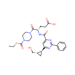 CCOC(=O)N1CCN(C(=O)[C@H](CCC(=O)O)NC(=O)c2cc([C@H]3C[C@@H]3CO)nc(-c3ccccc3)n2)CC1 ZINC000168161513