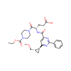 CCOC(=O)N1CCN(C(=O)[C@H](CCC(=O)O)NC(=O)c2cc([C@H]3C[C@@H]3COC)nc(-c3ccccc3)n2)CC1 ZINC000299830700