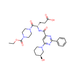 CCOC(=O)N1CCN(C(=O)[C@H](CCC(=O)O)NC(=O)c2cc(N3CCC[C@H](O)C3)nc(-c3ccccc3)n2)CC1 ZINC000136601516