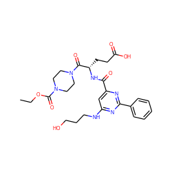 CCOC(=O)N1CCN(C(=O)[C@H](CCC(=O)O)NC(=O)c2cc(NCCCO)nc(-c3ccccc3)n2)CC1 ZINC000168339203