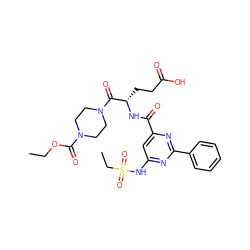 CCOC(=O)N1CCN(C(=O)[C@H](CCC(=O)O)NC(=O)c2cc(NS(=O)(=O)CC)nc(-c3ccccc3)n2)CC1 ZINC000136545944