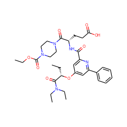 CCOC(=O)N1CCN(C(=O)[C@H](CCC(=O)O)NC(=O)c2cc(O[C@@H](CC)C(=O)N(CC)CC)cc(-c3ccccc3)n2)CC1 ZINC000042923881