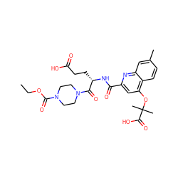 CCOC(=O)N1CCN(C(=O)[C@H](CCC(=O)O)NC(=O)c2cc(OC(C)(C)C(=O)O)c3ccc(C)cc3n2)CC1 ZINC000043199846