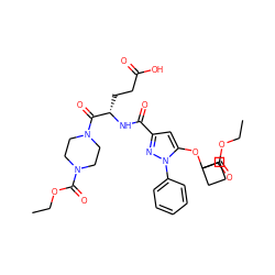 CCOC(=O)N1CCN(C(=O)[C@H](CCC(=O)O)NC(=O)c2cc(OC3(C(=O)OCC)CCC3)n(-c3ccccc3)n2)CC1 ZINC000095555106