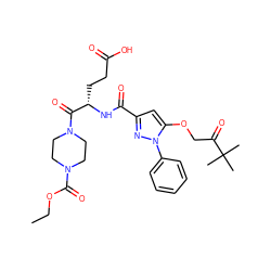 CCOC(=O)N1CCN(C(=O)[C@H](CCC(=O)O)NC(=O)c2cc(OCC(=O)C(C)(C)C)n(-c3ccccc3)n2)CC1 ZINC000095557415