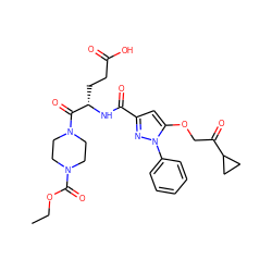 CCOC(=O)N1CCN(C(=O)[C@H](CCC(=O)O)NC(=O)c2cc(OCC(=O)C3CC3)n(-c3ccccc3)n2)CC1 ZINC000095557400