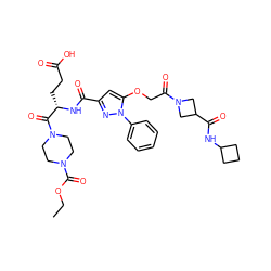 CCOC(=O)N1CCN(C(=O)[C@H](CCC(=O)O)NC(=O)c2cc(OCC(=O)N3CC(C(=O)NC4CCC4)C3)n(-c3ccccc3)n2)CC1 ZINC000095557658