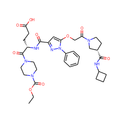 CCOC(=O)N1CCN(C(=O)[C@H](CCC(=O)O)NC(=O)c2cc(OCC(=O)N3CC[C@H](C(=O)NC4CCC4)C3)n(-c3ccccc3)n2)CC1 ZINC000095553356