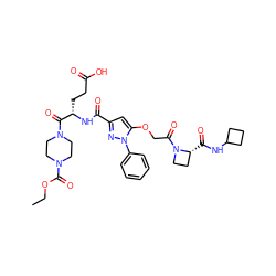 CCOC(=O)N1CCN(C(=O)[C@H](CCC(=O)O)NC(=O)c2cc(OCC(=O)N3CC[C@H]3C(=O)NC3CCC3)n(-c3ccccc3)n2)CC1 ZINC000095553803