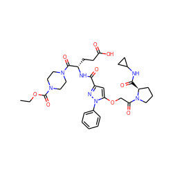 CCOC(=O)N1CCN(C(=O)[C@H](CCC(=O)O)NC(=O)c2cc(OCC(=O)N3CCC[C@@H]3C(=O)NC3CC3)n(-c3ccccc3)n2)CC1 ZINC000095555155