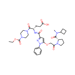 CCOC(=O)N1CCN(C(=O)[C@H](CCC(=O)O)NC(=O)c2cc(OCC(=O)N3CCC[C@H]3C(=O)N(C)C3CCC3)n(-c3ccccc3)n2)CC1 ZINC000095555894