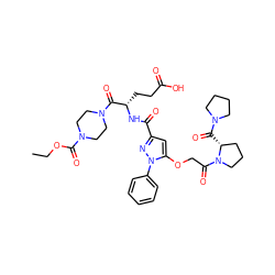 CCOC(=O)N1CCN(C(=O)[C@H](CCC(=O)O)NC(=O)c2cc(OCC(=O)N3CCC[C@H]3C(=O)N3CCCC3)n(-c3ccccc3)n2)CC1 ZINC000095554849