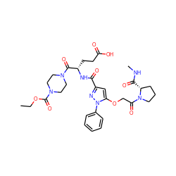 CCOC(=O)N1CCN(C(=O)[C@H](CCC(=O)O)NC(=O)c2cc(OCC(=O)N3CCC[C@H]3C(=O)NC)n(-c3ccccc3)n2)CC1 ZINC000095557310