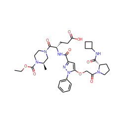 CCOC(=O)N1CCN(C(=O)[C@H](CCC(=O)O)NC(=O)c2cc(OCC(=O)N3CCC[C@H]3C(=O)NC3CCC3)n(-c3ccccc3)n2)C[C@H]1C ZINC000095552993