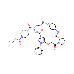 CCOC(=O)N1CCN(C(=O)[C@H](CCC(=O)O)NC(=O)c2cc(OCC(=O)N3CCC[C@H]3C(=O)NC3CCCC3)n(-c3ccccc3)n2)CC1 ZINC000095557643