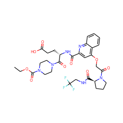 CCOC(=O)N1CCN(C(=O)[C@H](CCC(=O)O)NC(=O)c2cc(OCC(=O)N3CCC[C@H]3C(=O)NCC(F)(F)F)c3ccccc3n2)CC1 ZINC000169701287
