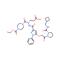 CCOC(=O)N1CCN(C(=O)[C@H](CCC(=O)O)NC(=O)c2cc(OCC(=O)N3CCC[C@H]3C(=O)NCC3CCC3)n(-c3ccccc3)n2)CC1 ZINC000095557369