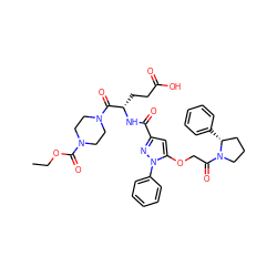 CCOC(=O)N1CCN(C(=O)[C@H](CCC(=O)O)NC(=O)c2cc(OCC(=O)N3CCC[C@H]3c3ccccc3)n(-c3ccccc3)n2)CC1 ZINC000095554195