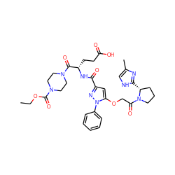 CCOC(=O)N1CCN(C(=O)[C@H](CCC(=O)O)NC(=O)c2cc(OCC(=O)N3CCC[C@H]3c3nc(C)c[nH]3)n(-c3ccccc3)n2)CC1 ZINC000095555963