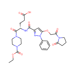 CCOC(=O)N1CCN(C(=O)[C@H](CCC(=O)O)NC(=O)c2cc(OCC(=O)N3CCCC3=O)n(-c3ccccc3)n2)CC1 ZINC000095557265