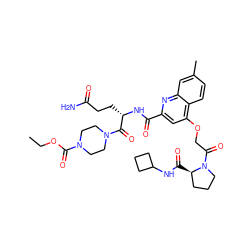 CCOC(=O)N1CCN(C(=O)[C@H](CCC(N)=O)NC(=O)c2cc(OCC(=O)N3CCC[C@H]3C(=O)NC3CCC3)c3ccc(C)cc3n2)CC1 ZINC000169701290