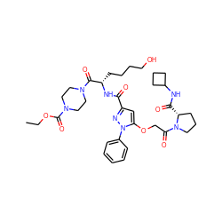 CCOC(=O)N1CCN(C(=O)[C@H](CCCCO)NC(=O)c2cc(OCC(=O)N3CCC[C@H]3C(=O)NC3CCC3)n(-c3ccccc3)n2)CC1 ZINC000095557079