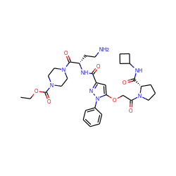 CCOC(=O)N1CCN(C(=O)[C@H](CCN)NC(=O)c2cc(OCC(=O)N3CCC[C@H]3C(=O)NC3CCC3)n(-c3ccccc3)n2)CC1 ZINC000095553302