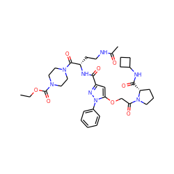 CCOC(=O)N1CCN(C(=O)[C@H](CCNC(C)=O)NC(=O)c2cc(OCC(=O)N3CCC[C@H]3C(=O)NC3CCC3)n(-c3ccccc3)n2)CC1 ZINC000095553859