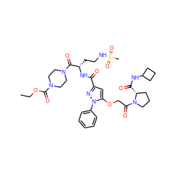 CCOC(=O)N1CCN(C(=O)[C@H](CCNS(C)(=O)=O)NC(=O)c2cc(OCC(=O)N3CCC[C@H]3C(=O)NC3CCC3)n(-c3ccccc3)n2)CC1 ZINC000095554474