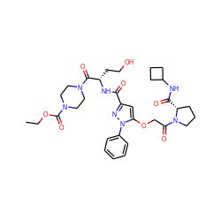 CCOC(=O)N1CCN(C(=O)[C@H](CCO)NC(=O)c2cc(OCC(=O)N3CCC[C@H]3C(=O)NC3CCC3)n(-c3ccccc3)n2)CC1 ZINC000095554172