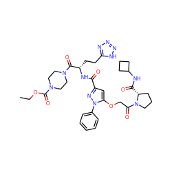 CCOC(=O)N1CCN(C(=O)[C@H](CCc2nnn[nH]2)NC(=O)c2cc(OCC(=O)N3CCC[C@H]3C(=O)NC3CCC3)n(-c3ccccc3)n2)CC1 ZINC000095555882