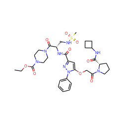 CCOC(=O)N1CCN(C(=O)[C@H](CNS(C)(=O)=O)NC(=O)c2cc(OCC(=O)N3CCC[C@H]3C(=O)NC3CCC3)n(-c3ccccc3)n2)CC1 ZINC000095553382