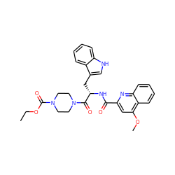 CCOC(=O)N1CCN(C(=O)[C@H](Cc2c[nH]c3ccccc23)NC(=O)c2cc(OC)c3ccccc3n2)CC1 ZINC000136225158