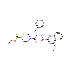 CCOC(=O)N1CCN(C(=O)[C@H](Cc2ccccc2)NC(=O)c2cc(OC)c3ccccc3n2)CC1 ZINC000142301908