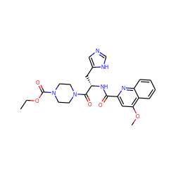 CCOC(=O)N1CCN(C(=O)[C@H](Cc2cnc[nH]2)NC(=O)c2cc(OC)c3ccccc3n2)CC1 ZINC000136080066