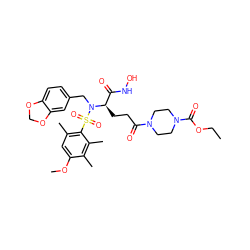 CCOC(=O)N1CCN(C(=O)CC[C@H](C(=O)NO)N(Cc2ccc3c(c2)OCO3)S(=O)(=O)c2c(C)cc(OC)c(C)c2C)CC1 ZINC000026404520