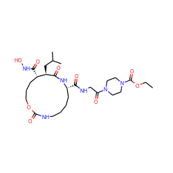 CCOC(=O)N1CCN(C(=O)CNC(=O)[C@@H]2CCCCNC(=O)OCCC[C@H](C(=O)NO)[C@@H](CC(C)C)C(=O)N2)CC1 ZINC000026579781