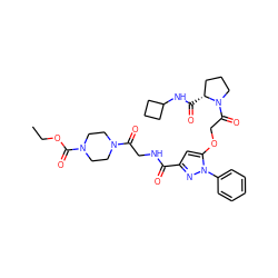 CCOC(=O)N1CCN(C(=O)CNC(=O)c2cc(OCC(=O)N3CCC[C@H]3C(=O)NC3CCC3)n(-c3ccccc3)n2)CC1 ZINC000095552334