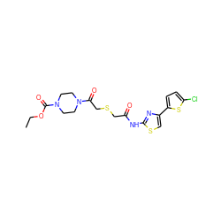 CCOC(=O)N1CCN(C(=O)CSCC(=O)Nc2nc(-c3ccc(Cl)s3)cs2)CC1 ZINC000004076209