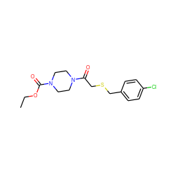 CCOC(=O)N1CCN(C(=O)CSCc2ccc(Cl)cc2)CC1 ZINC000001174514